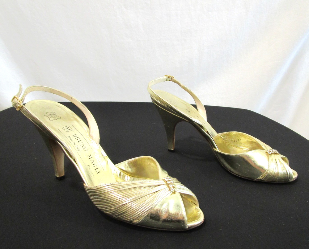 Vintage Bruno Magli Italy Gold Leather Rhinestone Slingback Heels, Women 6.5 B